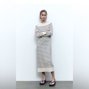 Zara Ivory Black Strip Knit Midi Sweater Dress Womens Size XL